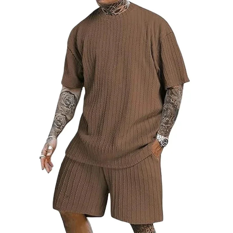 Mens Two Pcs Suits Outdoor Sports Running T-shirt Shorts Sets Solid Stripe Short-sleeve Men Spring Summer Casual Gym Sportswear 250320
