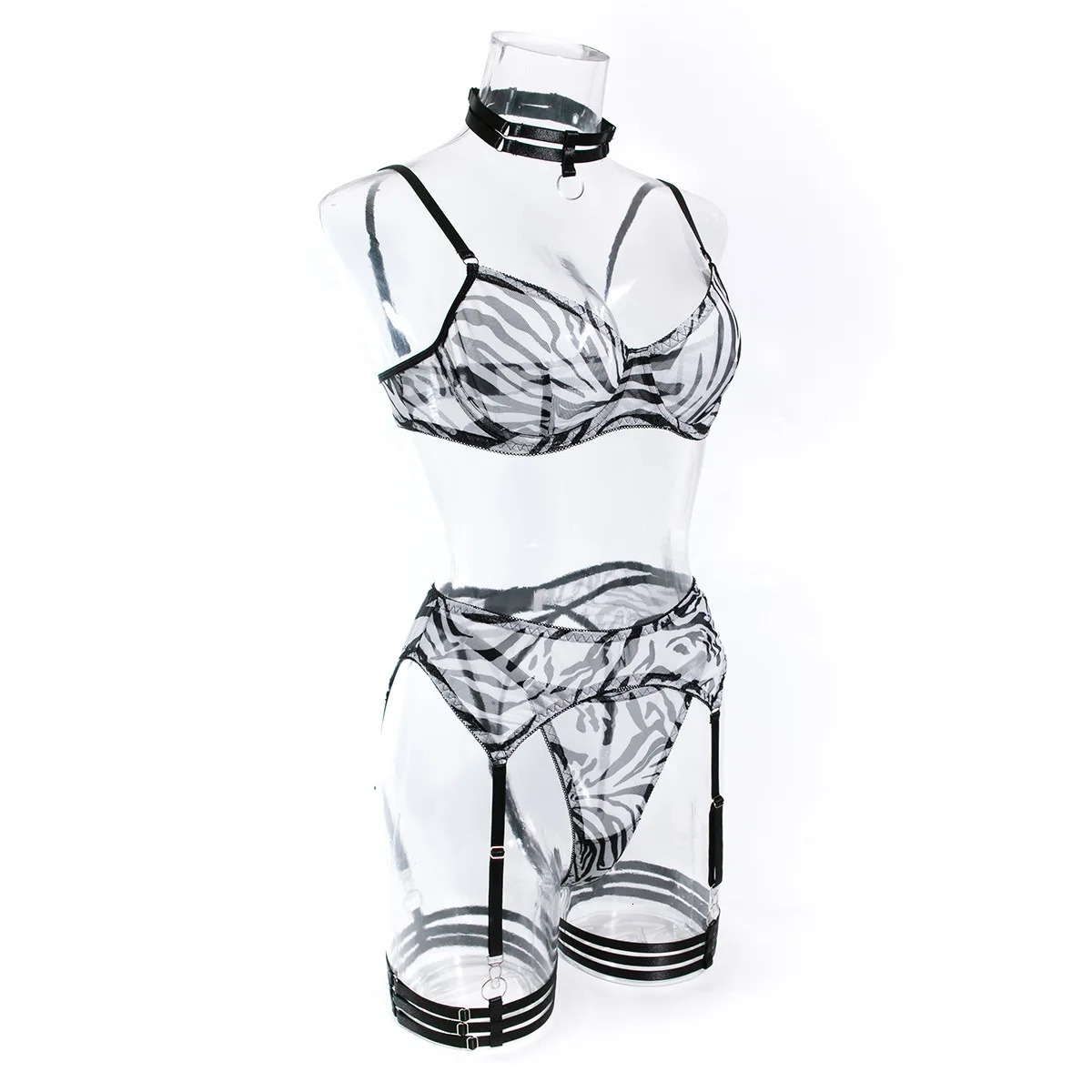Sexy Mesh Print Zebra Perspective Underwear Women Black White Gathering Wild Neck Perspective Exotic Apparel Suit Four Piece Set 250320