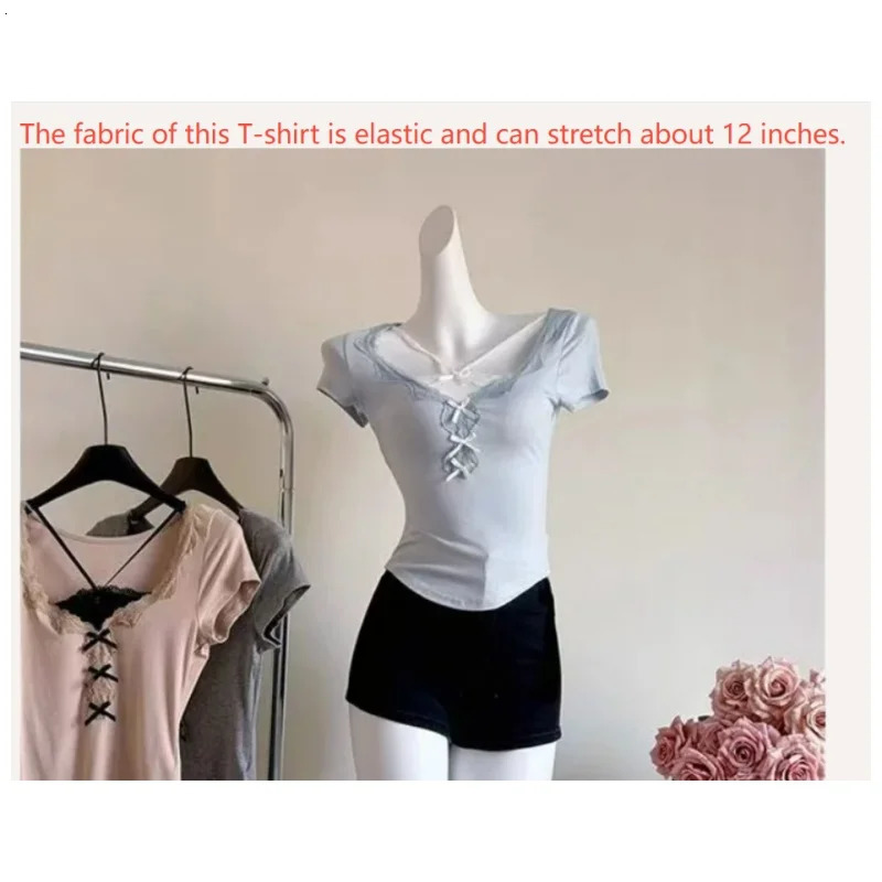 Korean Chic Slim sweet Womens Top Y2k Girls 2 Pieces Lace Up Short Sleeve TShirts Sweet Ladys Blouses 250311