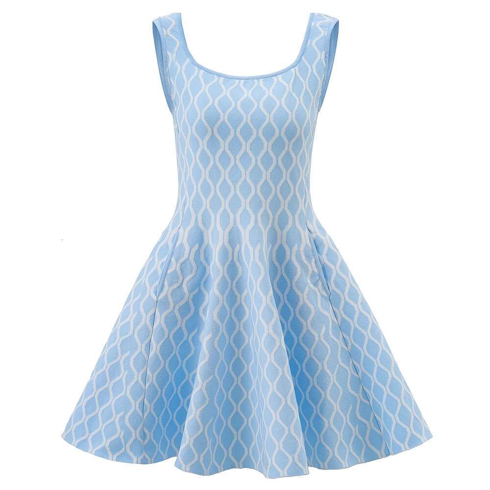2025 New Summer Plaid Pattern Wear Women Sweet Sexy Tank Knit Mini Dress With Pockets Pink Blue