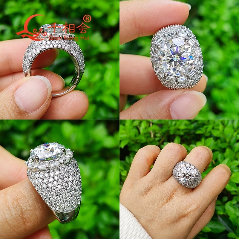 Sterling 925 Silver Hip Hop round Moissanite Ring 12mm Thick Edge Stone for Men Women Diamond Fine Jewelry