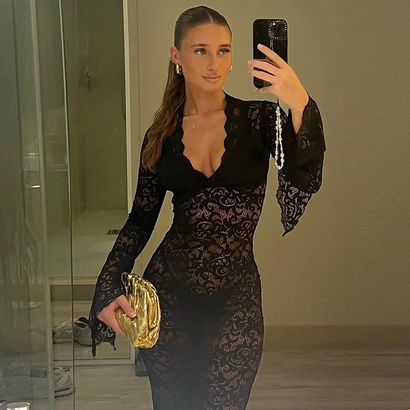 Cryptographic Lace Transparent Sexy Hollow Out Maxi Dress Elegant Outfits Women Flare Sleeve V Neck Dresses Party Club 250320
