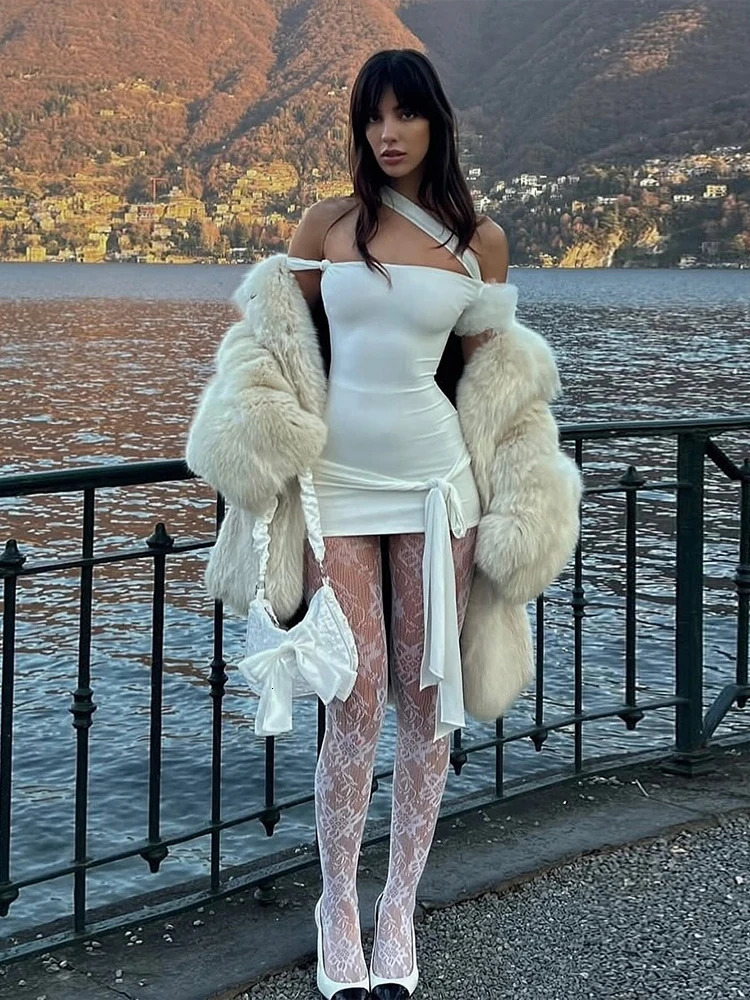Nibber Sweet Dress Women One Shoulder Birthday Parties Bandage Knot Solid Skinny Vacation Birthday Parties Mini Bodycon 250320