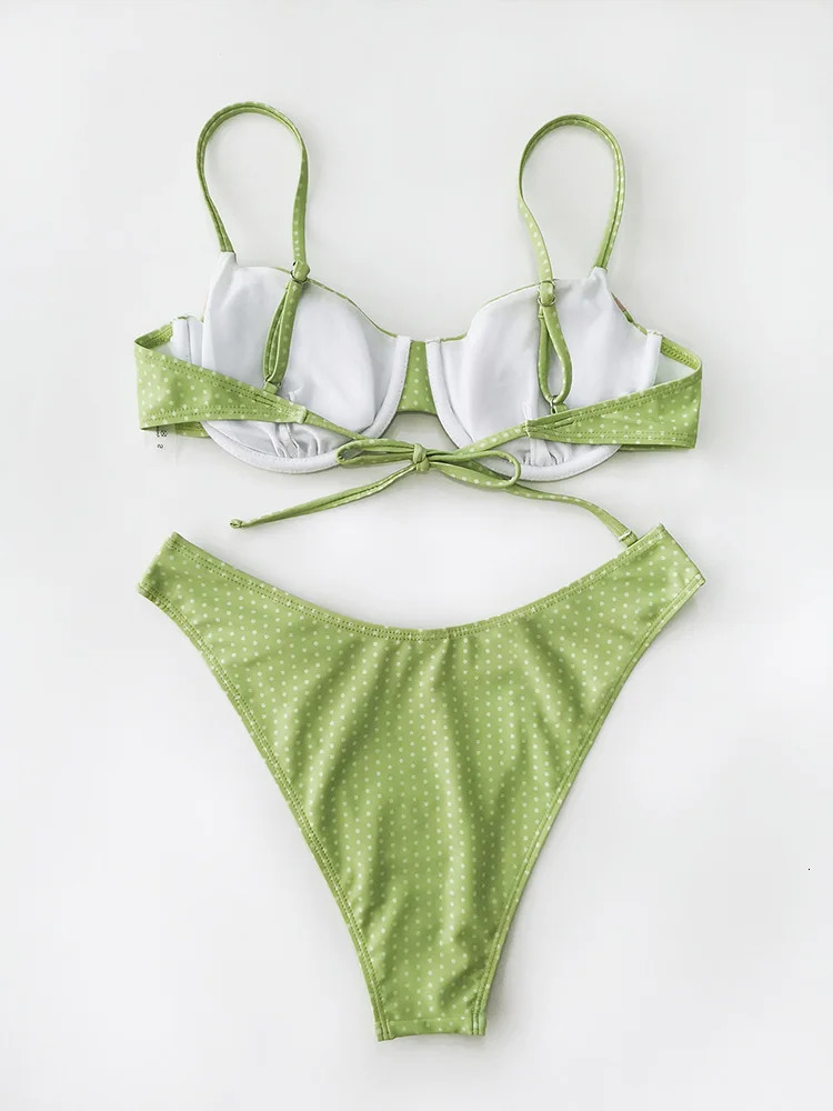 Sexy Polka Dot Bow Backless Bikini 2 Piece Set Women Laced Up Split Swimsuit Beach 2025 Summer Swimwear 250320