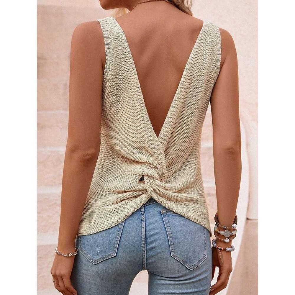 Large Back Cut And Twisted Knitted Casual Sleeveless Top Summer Sweater For Women's Clothing