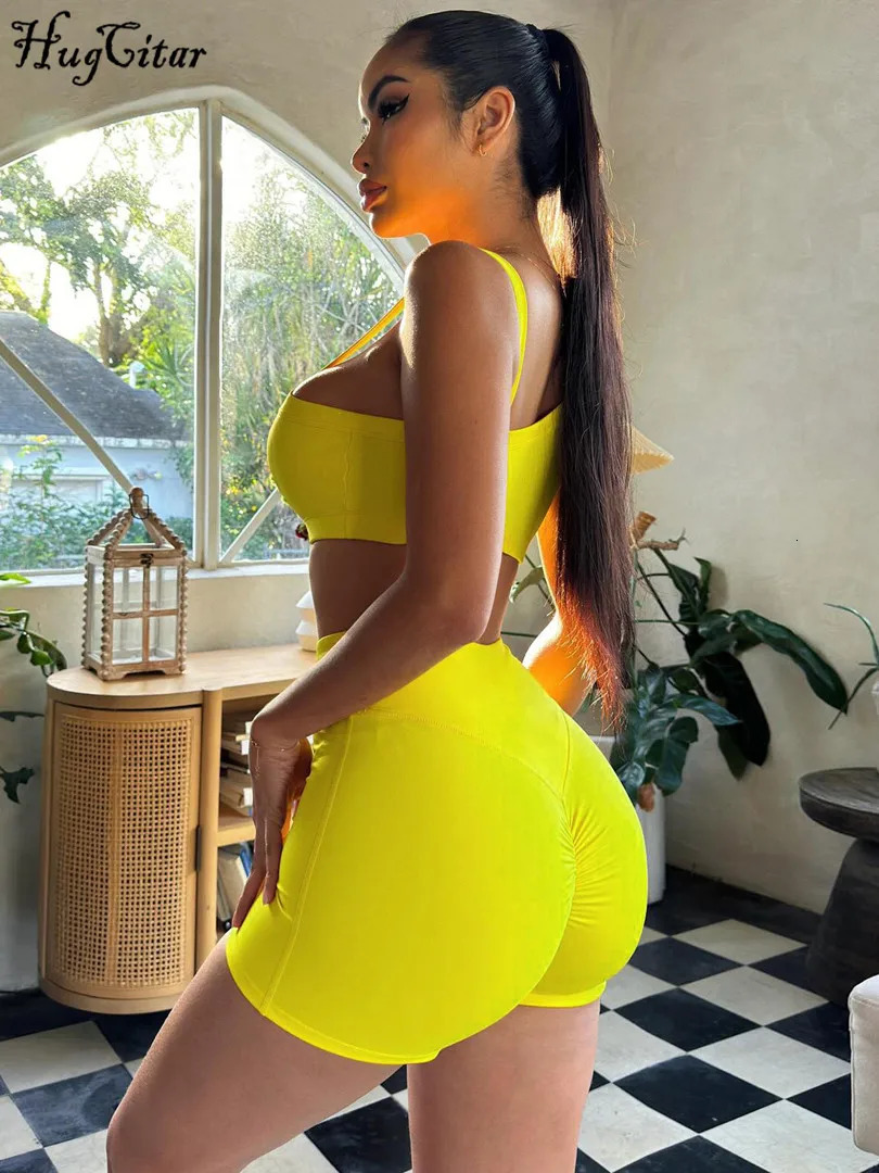 Hugcitar Summer Fashion 2-piece set solid belt backless sexy crop vest top drag shorts ultra-thin womens vacation workwear 250318