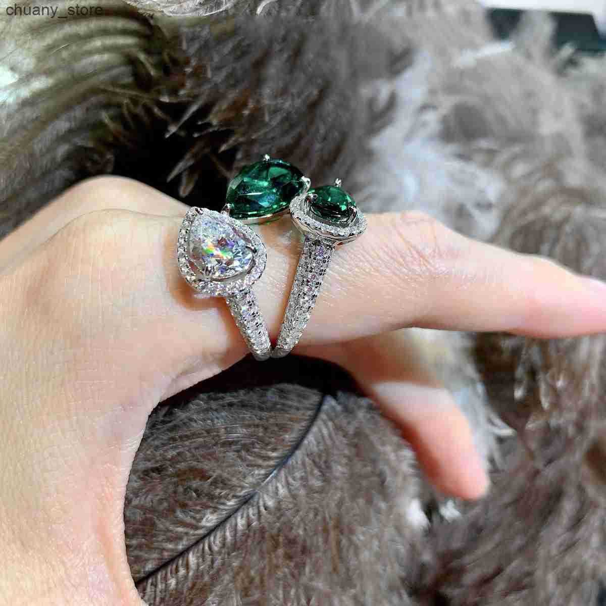 Solitaire Ring Three Stone Green White Gemstone Rings for Female 925 Silver Retro Cocktail Party Ring Unique Design Resizable Jewelry z250321
