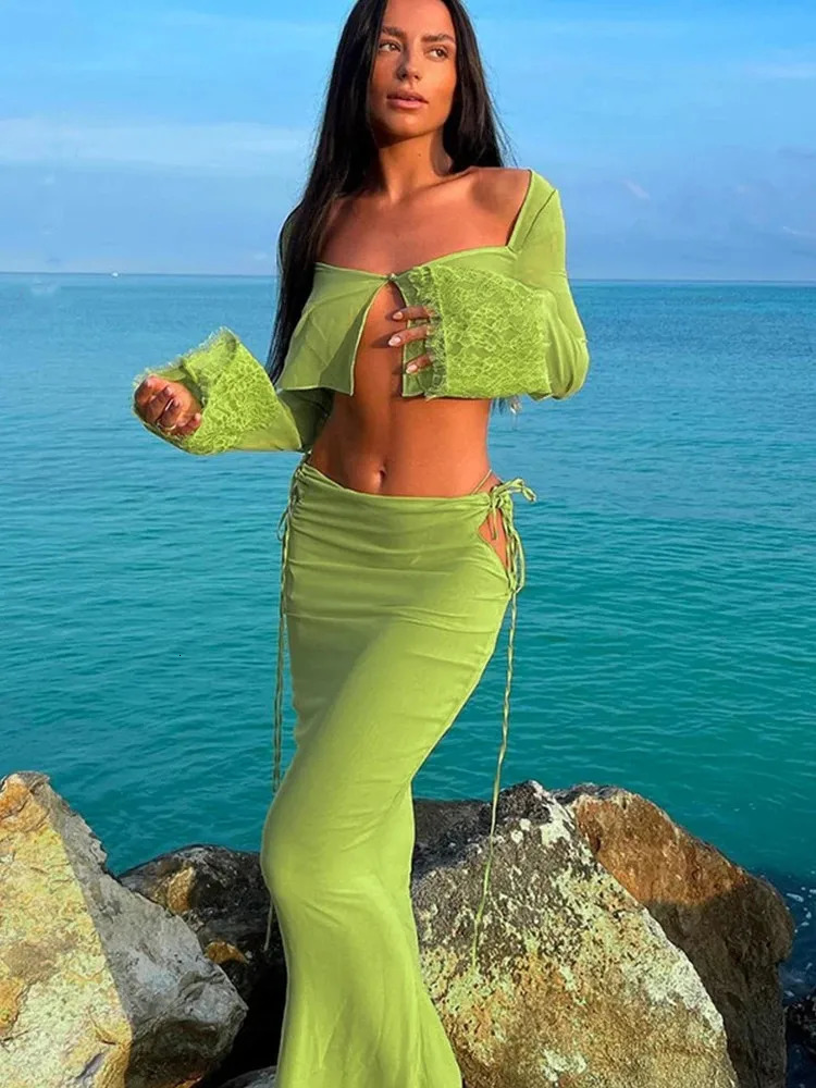 Y2K Green See Through Lace 2-piece Dress Womens Sexy Cut Open Fleece SweaterMaxi Tight Clothes Womens Holiday Party Set 250318