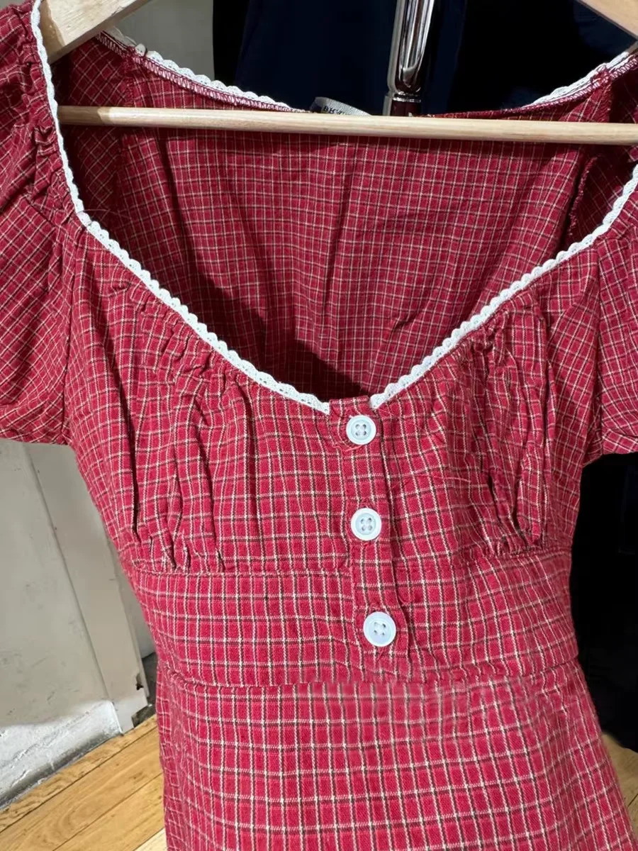 Red Plaid T-Shirt Shorts Set Women Summer Lace-up Puff Sleeve BlouseButtons Elastic Waist Short Pants Cotton Sweet 2 Piece Sets 250319
