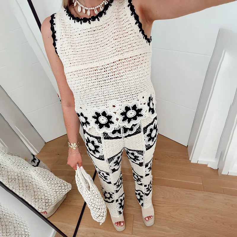 Crochet flower knitted hollow vest pants set sleeveless top perspective high waist straight leg pants summer womens clothing 250320