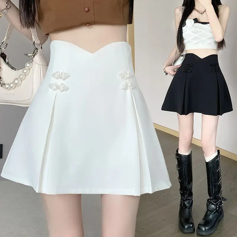 Women Summer Chinese Style Buttons Solid Color High Waist Appear Thin Skirt Ladies Simplicity Office Lady All-match Short Skirt 250320