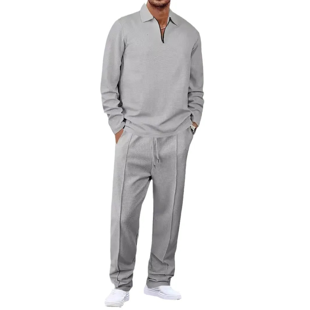 Mens Waffle Set Long Sleeve Striped Polo Shirt Set Fashion Casual Zipper Collar Set Mens Clothes 250320