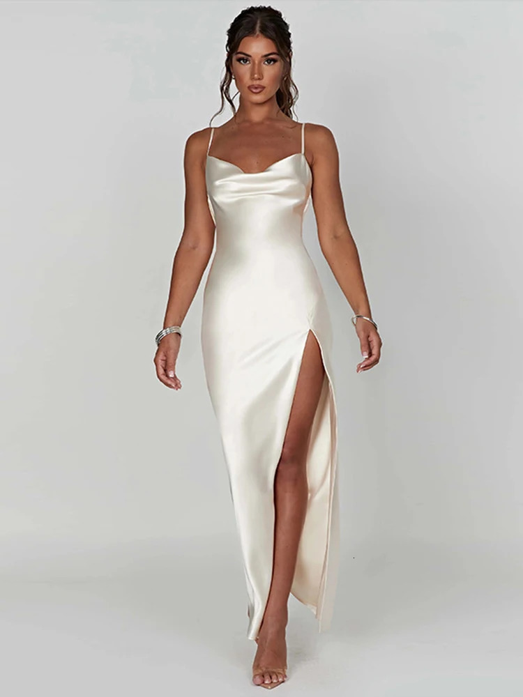 Sleeveless satin dress elegant womens party summer big seam backless formal occasion Maxi 250320