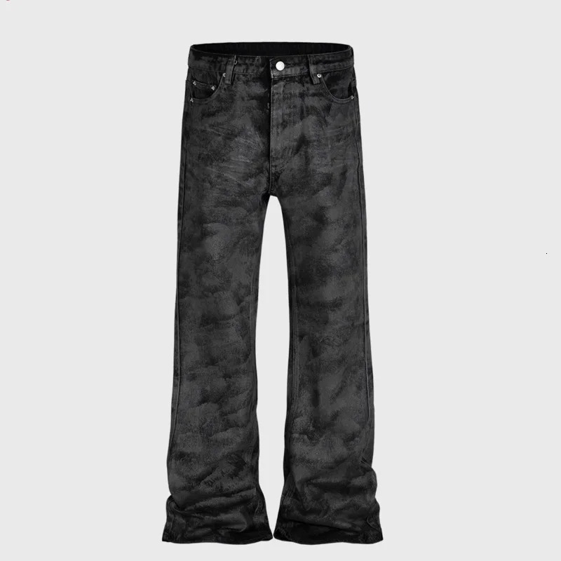 HKSH Mens Trendy Dark Long Leg Denim Pants Wax Brushed Glue Micro Flash Jeans Fashion Trouthers HK2467 250317