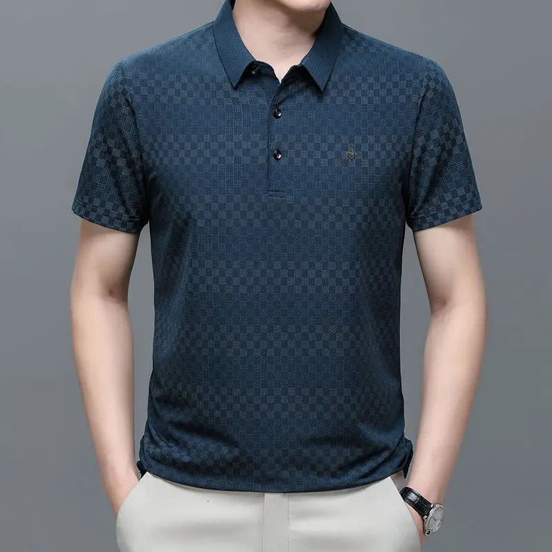 Genuine Ice Silk Mens Polo Shirt High-end Casual Anti--free Short-sleeved Business Half-sleeved Lapel T-shirt 250320