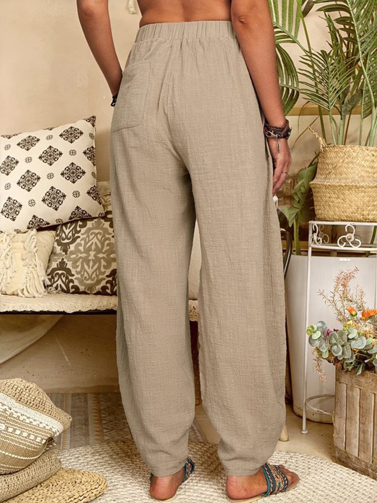 Womens cotton pants summer casual retro pocket thin beach shorts elastic waist wide leg loose harem 250320