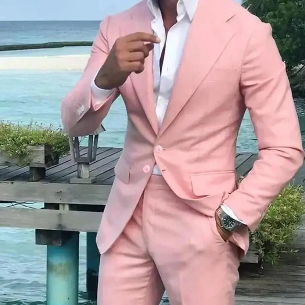 Pink Men Suit TwopiecesJacketPants Single Breasted Fitting Elegant Fashion Highquality Male Formal Clothing 250311
