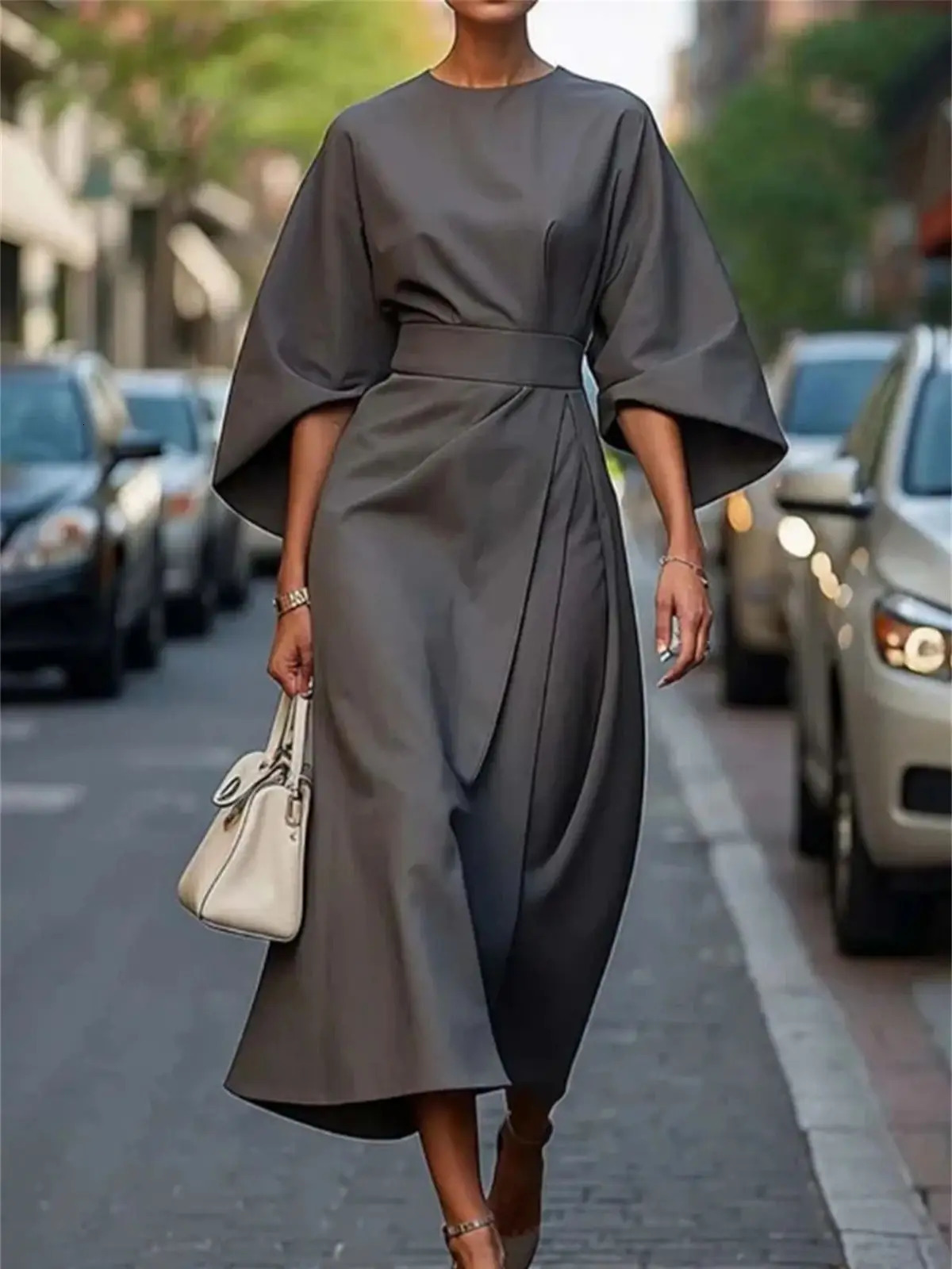 Fashionable and elegant office womens dress with Oneck bat sleeves Vestidos spring summer warm slim fit evening gown casual robe 250317