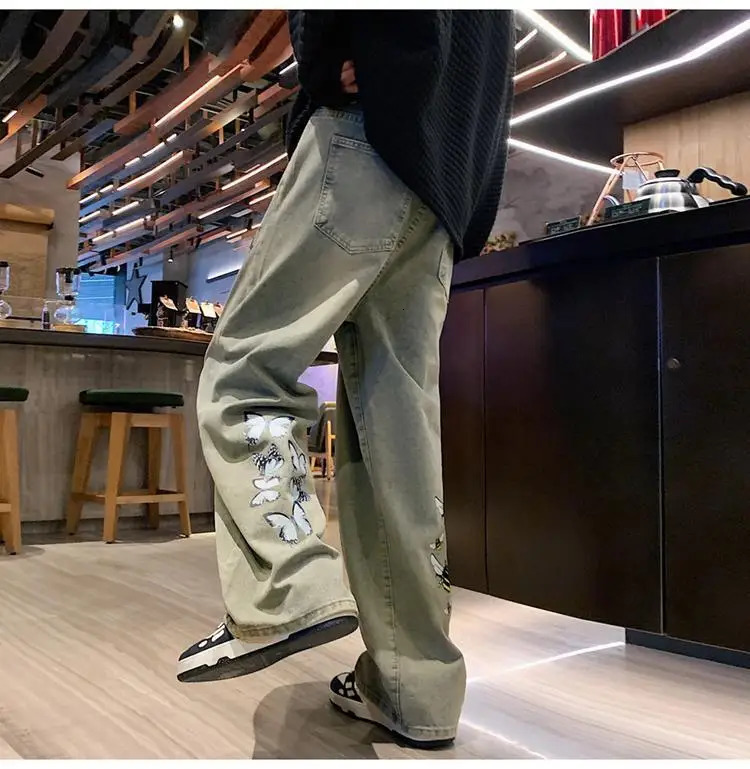 Fashion Butterfly Bee Bag Jeans Mens Hip Hop 90s Retro Grunge Emo Denim Pants Aesthetic Brushing Boys Street Clothing 250317