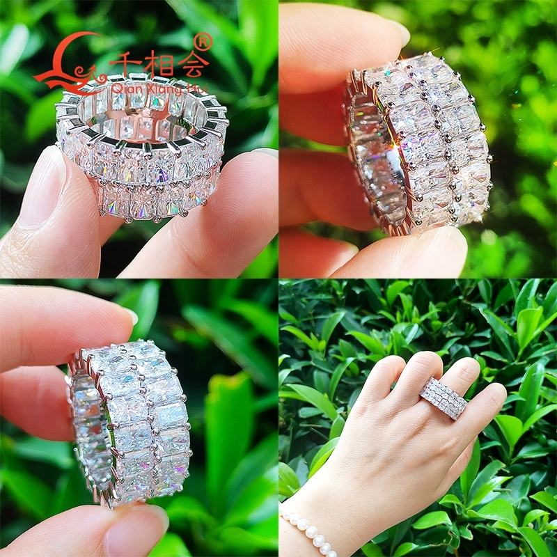 12mm width 4*6mm radiant shape double raws Full Eternity Ring Silver Moissanite Ring Men women wedding datting gift fine Jewelry