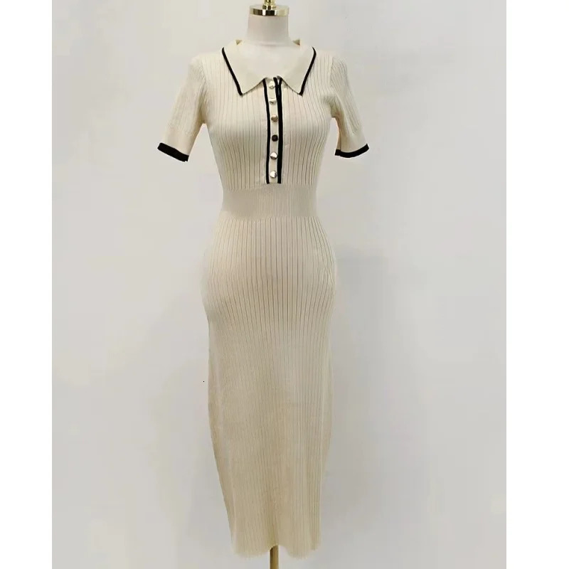 Korean Fashion Womens Knitted Midi Dress Elegant Office Tight Matching Short Sleeve Trend 250320
