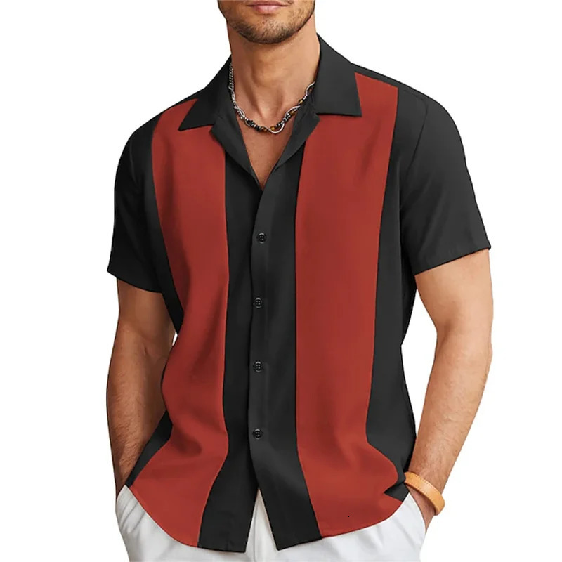 mens shirts Bowling shirts Button shirts Summer casual red short-sleeved color matching lapels Street clothing fashion 250317