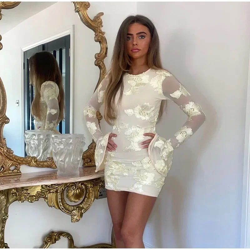 Embroidery 3d Flower Party Mini Dress Women Sexy Backless O-neck Flare Long Sleeve Hip Package Women Dresses Mesh Lady Robe 250320