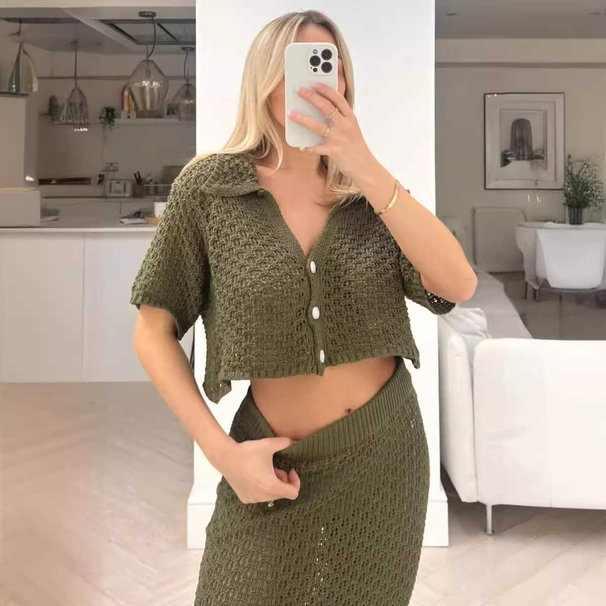 Hollow out short sleeved knitted two-piece cardigan button up skirt versatile top beach sexy suit 250315
