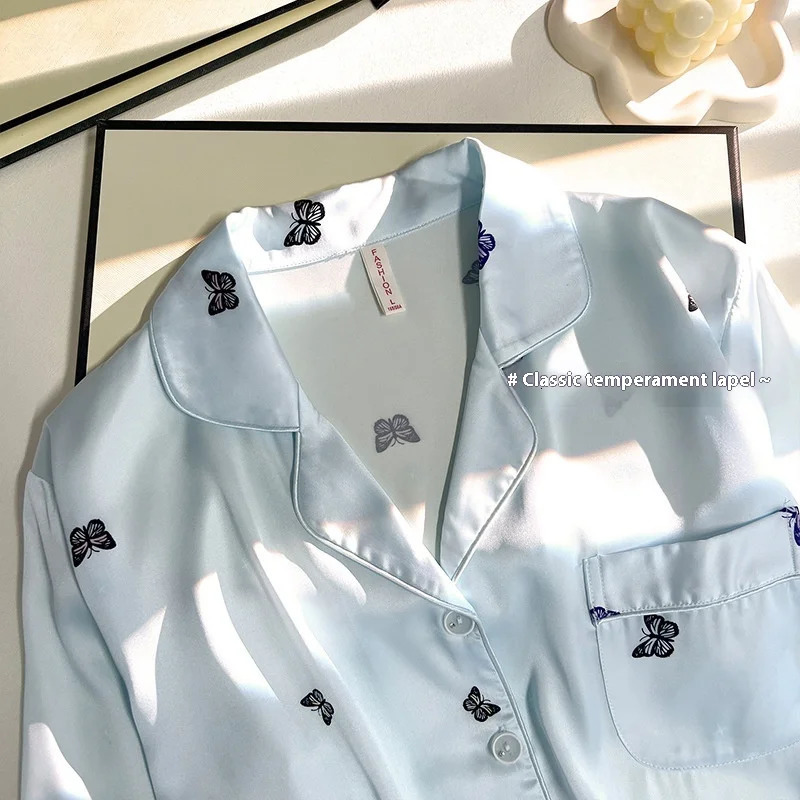Spring and Autumn Ladies Ice Silk Pajamas Homewear Suit Women Long-Sleeved Small Butterfly Printing Pajamas Homewear Suit 250320