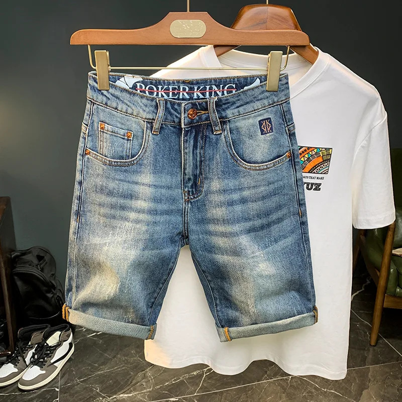 Mens thin denim shorts 2024 summer embroidery fashion highend unique design casual wash off fifth pair of pants 250312