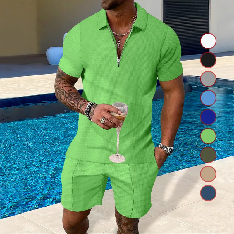 Summer mens light mature casual solid color waffle polo shirt mens half zipper short sleeved set 250318