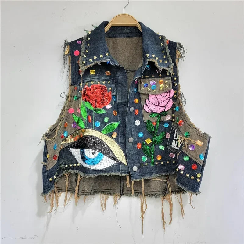 Spring Summer Woman Floral Embroidery Sequined Denim Vest Raw Edge Distressed Washed Jeans Waistcoat Diamonds Cowboy Tank Tops 250320