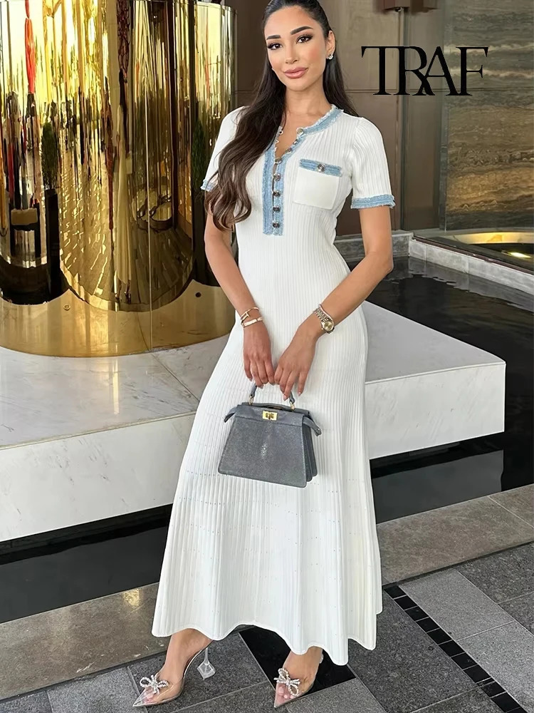 TRAF Women Fashion Splicing Knit Slim Long Dress Elegant Vneck Short Sleeve Button Casual Maxi Pleated Wrap Party Dresses 250317