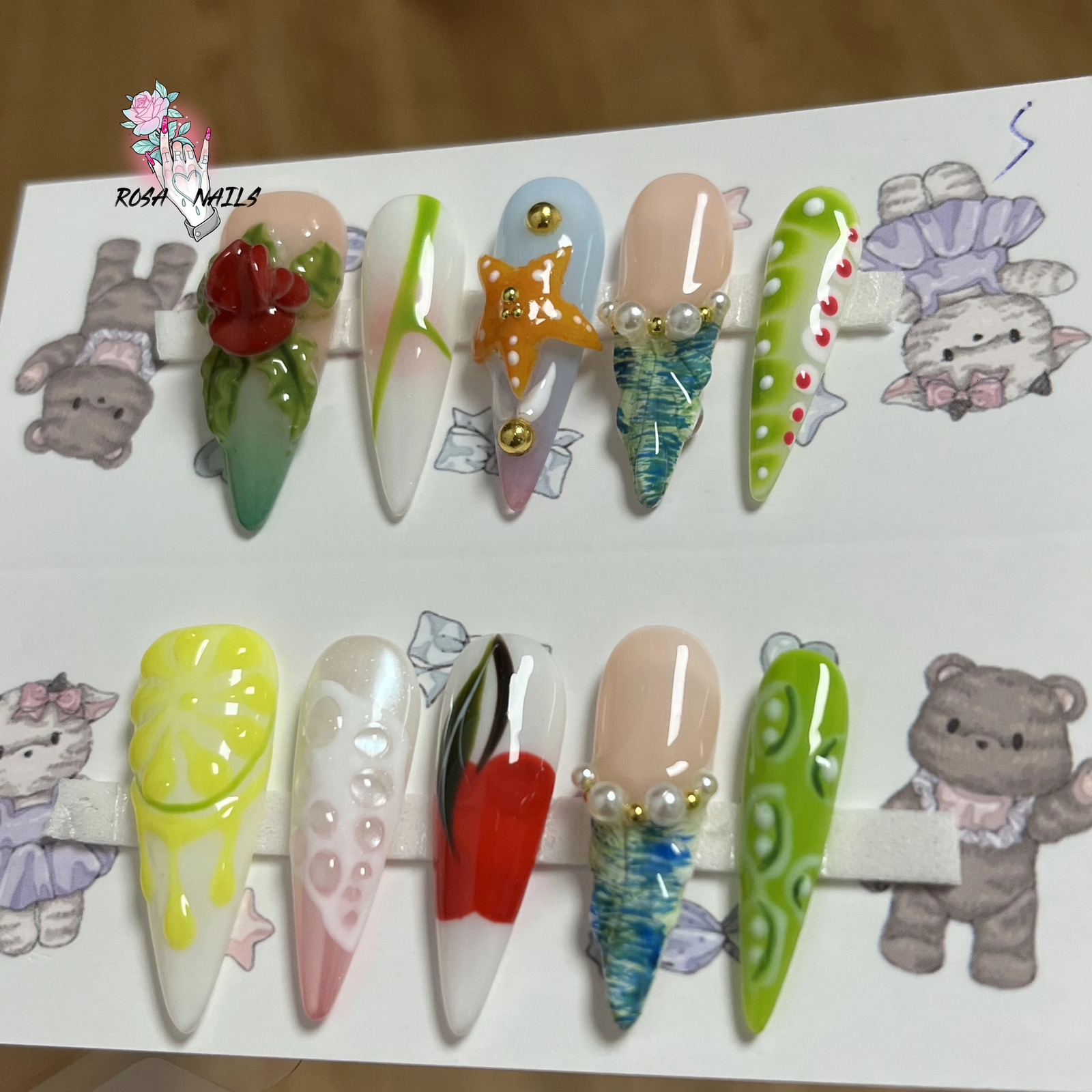 10pcs Handmade Press on Nail Art Flowers 3D Fruit Lemon Cherry Y2k Flower Long Stiletto Tips Acrylic False Nails Fake Nail Tip 250319