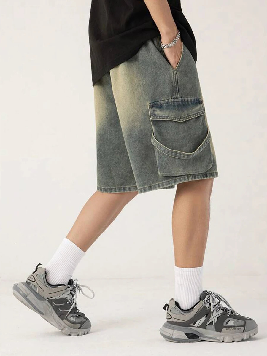 Mens Denim Shorts Stylish Elastic Waist Contrast Color Casual with Pockets for Summer Streetwear Fashion 250312