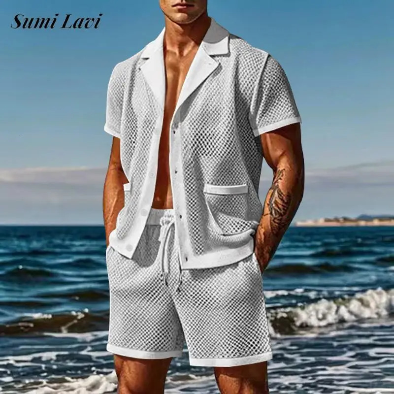 Daily Casual Mens Sexy Outfits See Through Hollow Out Short Sleeve Shirt And Shorts Two Piece Set Men Summer Fashion Mesh Suits 250314