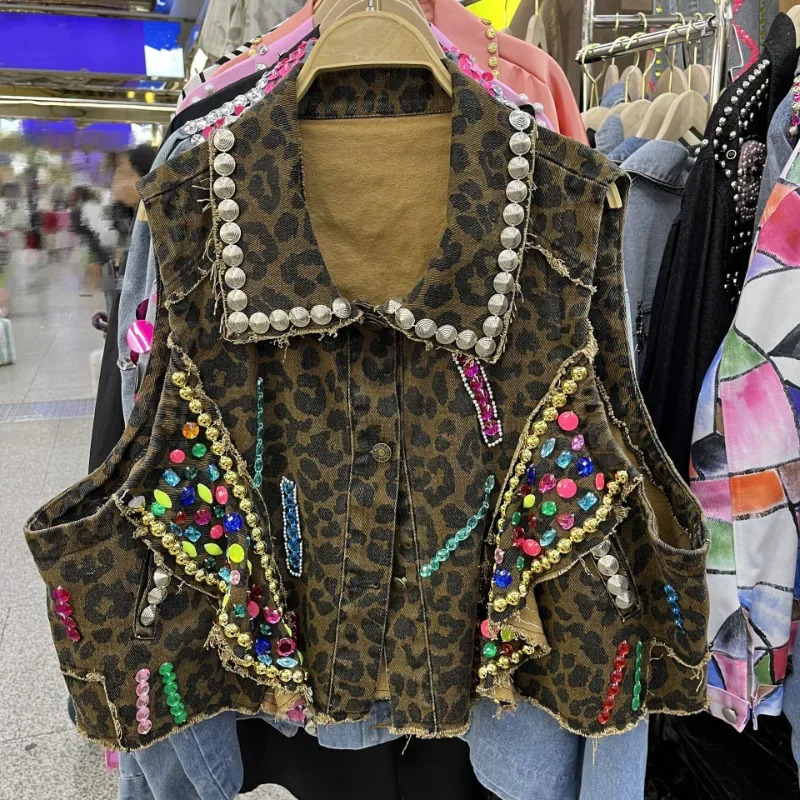 Women Leopard Print Sequined Denim Vest Summer Sleeveless Rivets Jeans Coat High Waist Rhinestones Jacket Waistcoat Crop Tops 250320