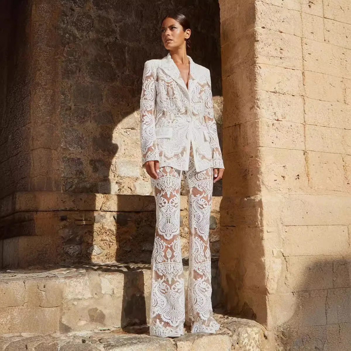 Black lace mesh embroidered sequin pants set white er sequin jacket pants set 2-piece pants set punk set 250320
