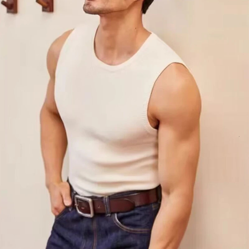 Fashion Texture Ribbed Knit Tank Tops Men Casual Slim Fit Elastic Basic Vest For Mens Spring Summer Trendy Sleeveless Camisoles 250320