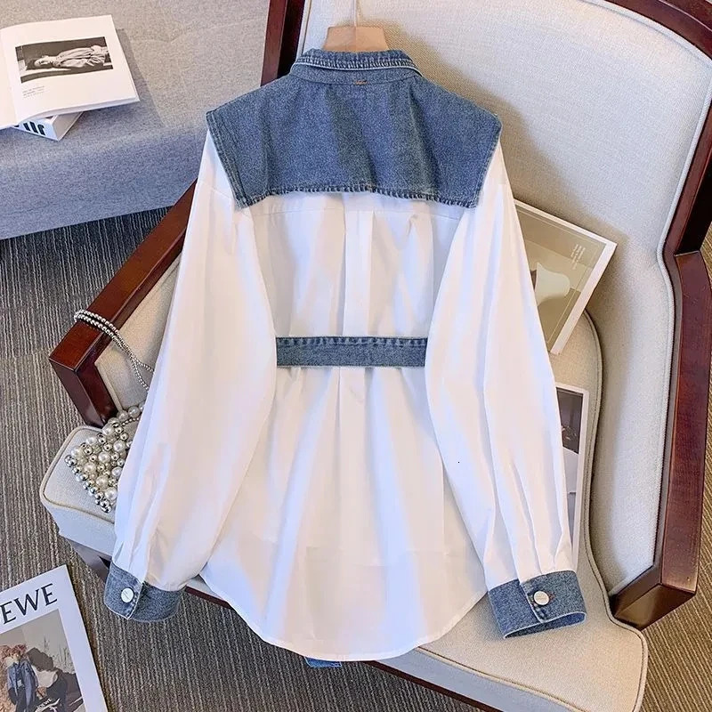 Womens denim shirt spring/summer long sleeved warm patchwork womens top two-piece loose womens shirt 250317