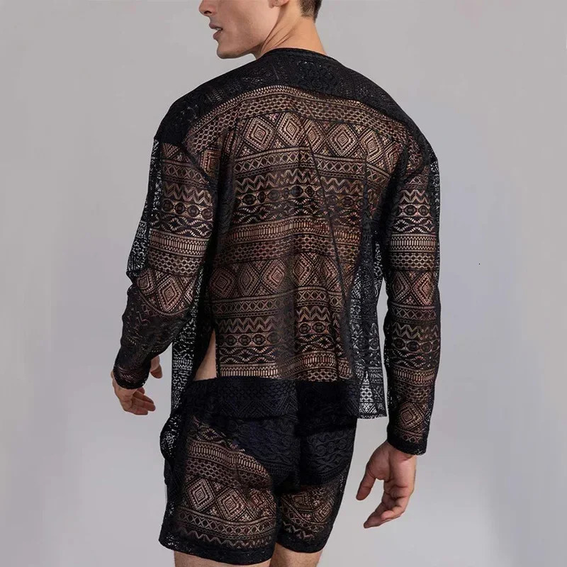 Mens long sleeved lace cut casual shorts mens two-piece set fashionable Ropa Hombre 250314