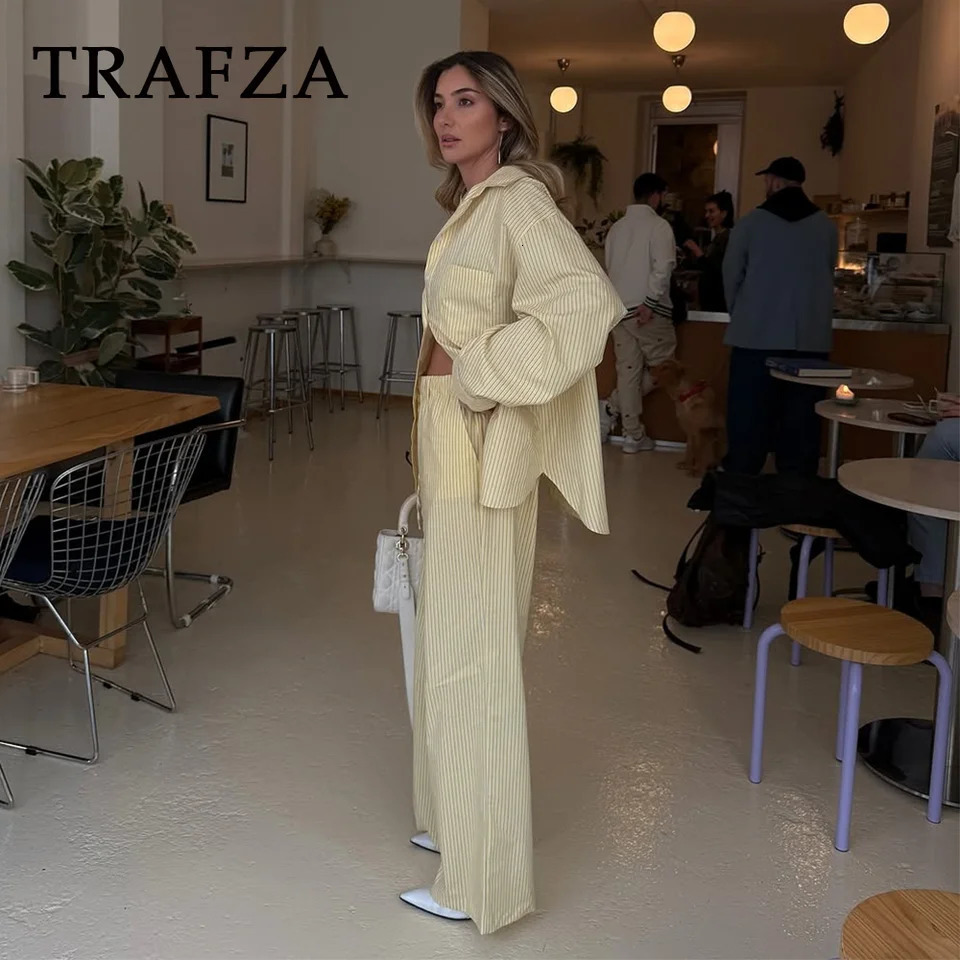 TRAFZA 2025 Spring Summer Casual Poplin Striped Women Suits Fashion Vintage Turn Down Collar Loose Shirts Chic Drawstring Pants 250320