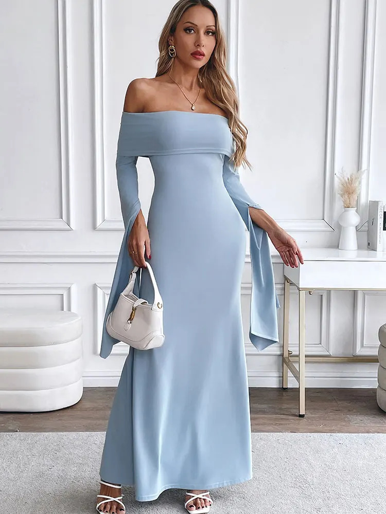 Autumn Dresses Women Sexy Solid Strapless Backless Maxi Dress Streetwear Fashion Split Long Sleeves Casual Slim Lady 250320
