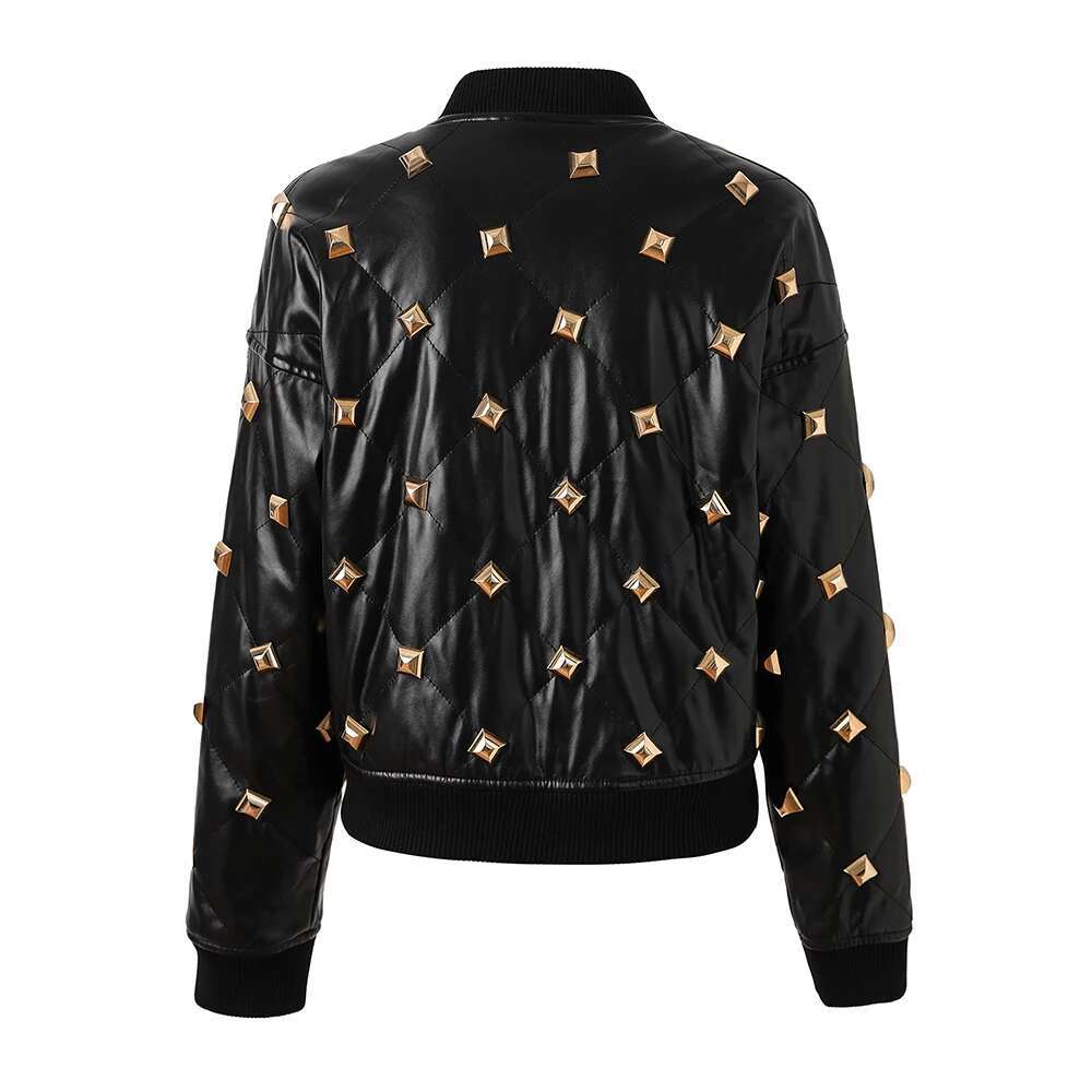 New Handsome Motorcycle Women Heavy Rivet Black Puleather High Street Outerdoor Jackets Plaid Coats