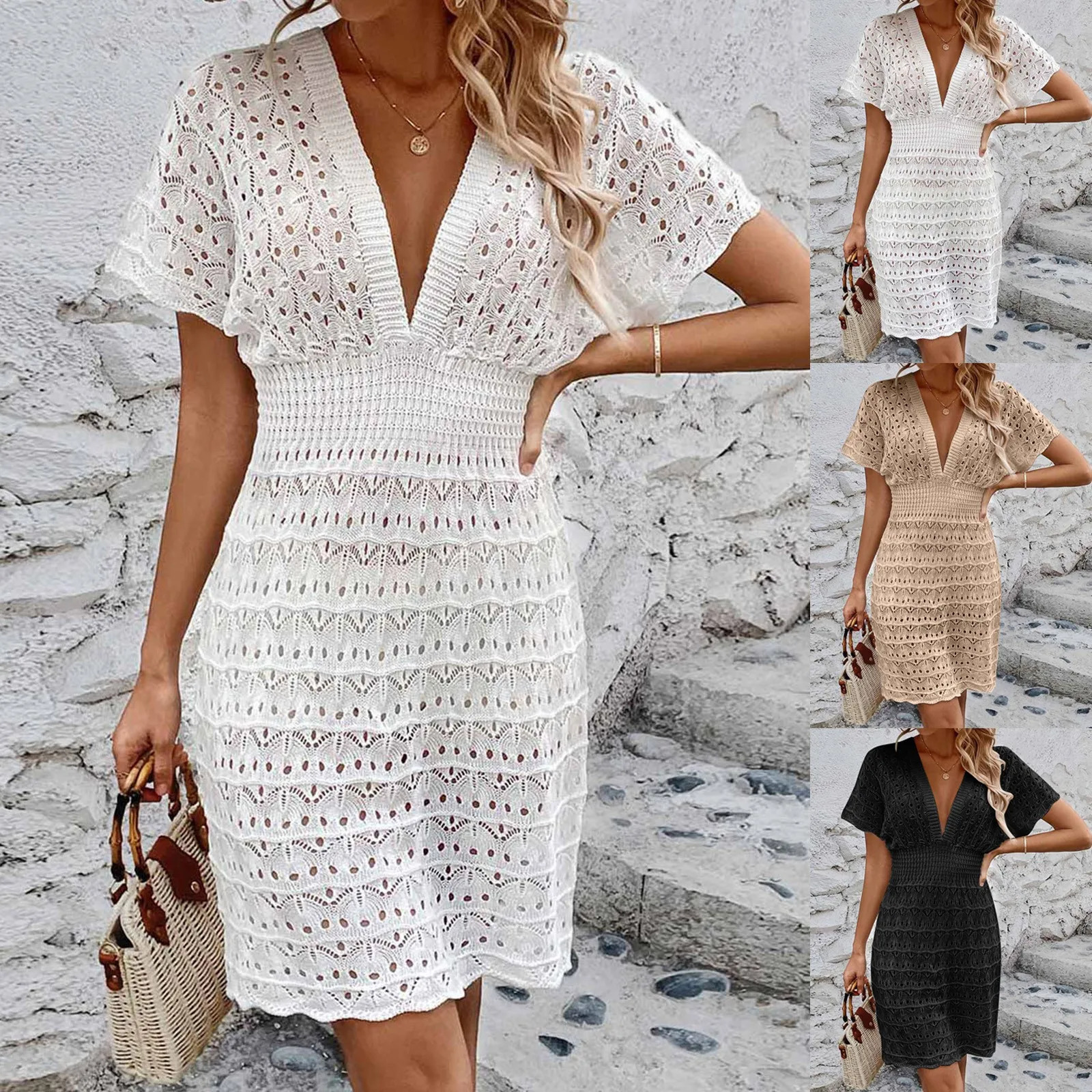 Womens Bohemian Summer Dress Deep V-neck Short sleeved Beach Dress Hollow Knitted Sun Skirt Swimsuit Cover Dress 250317
