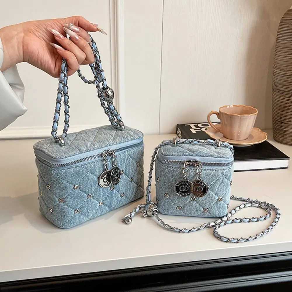 Foldable chain cross shaped bag denim bucket bag flat bottom bagT250321