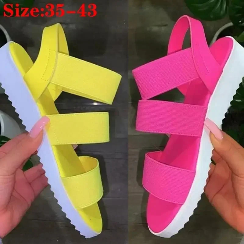 Summer womens sandals casual shoes hollow solid color smooth sole thick elastic band apartment plus size beach 250321BJ - view 5
