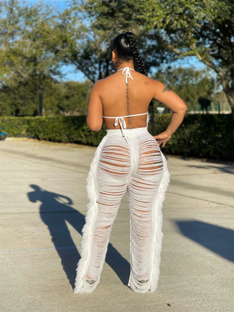 RT Sexy Women Crochet Set Two Pieces Set Halter Backless Top Pants Tassels Knitted 2 Pieces Set Hollow Out Crocheted Beach Set 250320