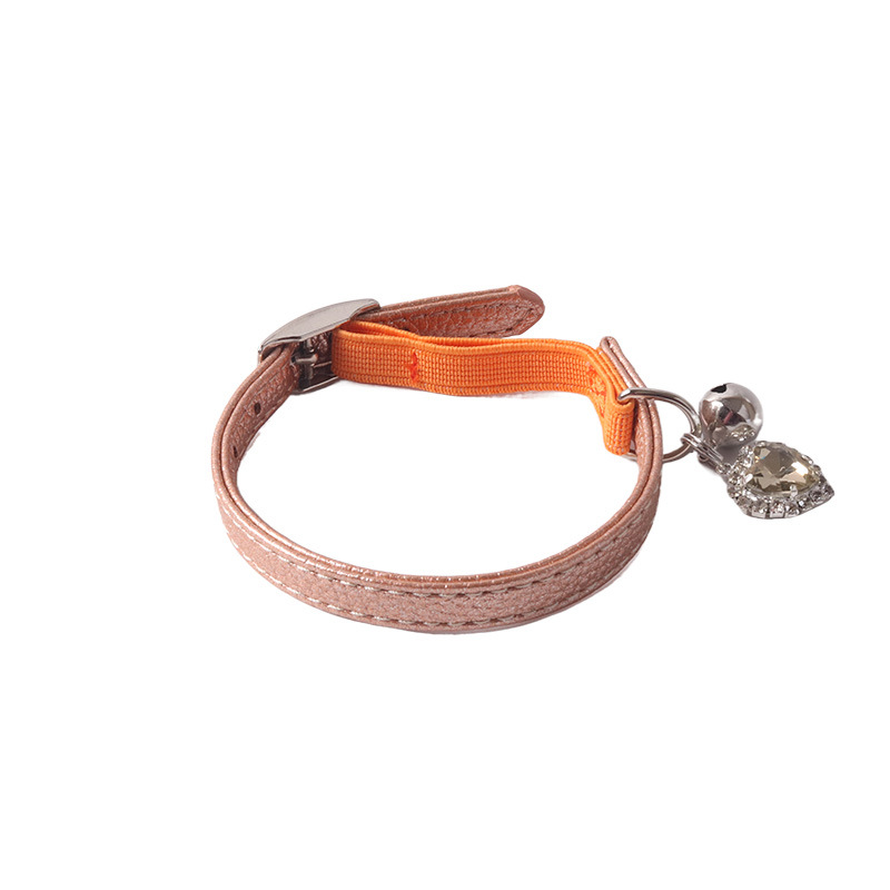 Leather Cat Collar with Bell and Extra Large Heart-Shaped Crystal Charm Cute Pet Leather Kitten Collar with Safety Elastic Strap for Boy Girl Small Ki