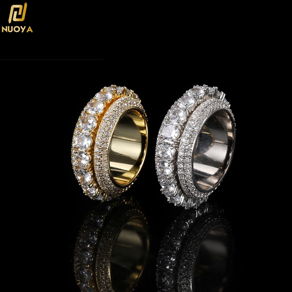 Rotatable Full Bling Iced Out Five Rows Cubic Zircon Engagement Spin Rings Luxury Jewelry for Women Gift Couple Rings